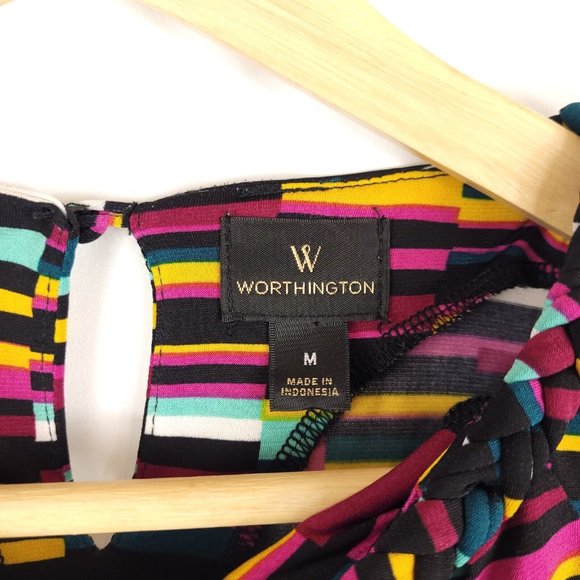 Worthington Womens Short Sleeve Pleated Striped Multi-Colored Blouse Size M - Picture 6 of 7